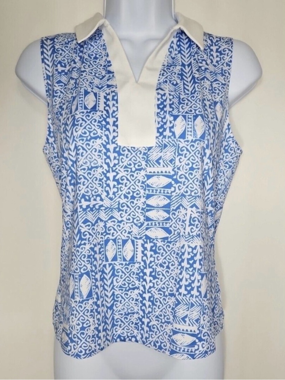 Sigrid Olsen Blue and White Sleeveless Collared Print Top